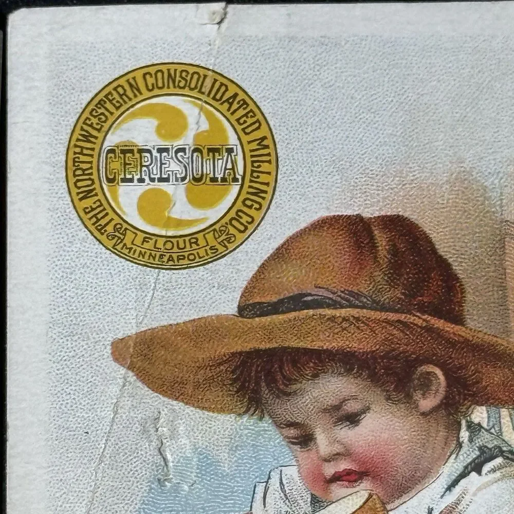 Pair 1905 & 1906 Ceresota Flour Trade Cards Gold Seal Boy Cutting Bread